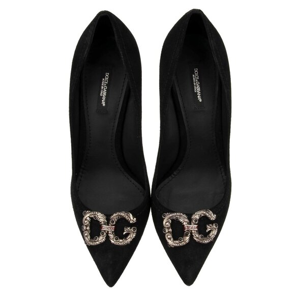 Dolce & Gabbana - DG Pearl AMORE Suede Leather Pumps Heels KEIRA Black 39 US 9 - Picture 2 of 5